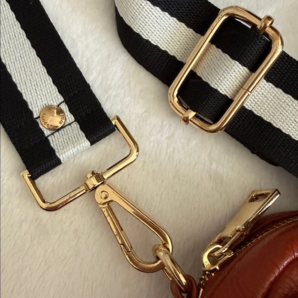 Pom Pom London | Mayfair Pebbled Leather Crossbody Bag B&W Stripe Strap Brown - Picture 14 of 15